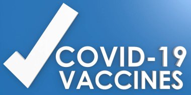 Covid-19 aşı kelimesi mavi arkaplanlı, 3 boyutlu.