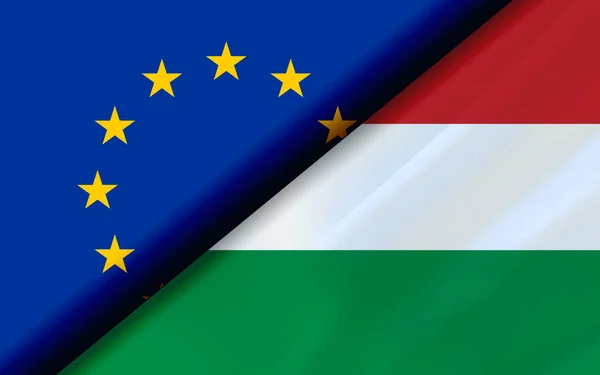 欧盟和匈牙利的国旗对角线分开 3D渲染 — 图库照片