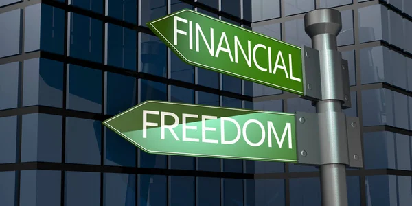 Znaki Drogowe Wolności Finansowej Elewacją Budynku Renderowanie — Zdjęcie stockowe