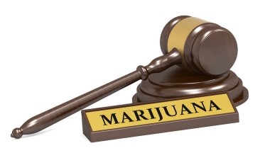 Judge gavel with marijuana banner, 3d rendering