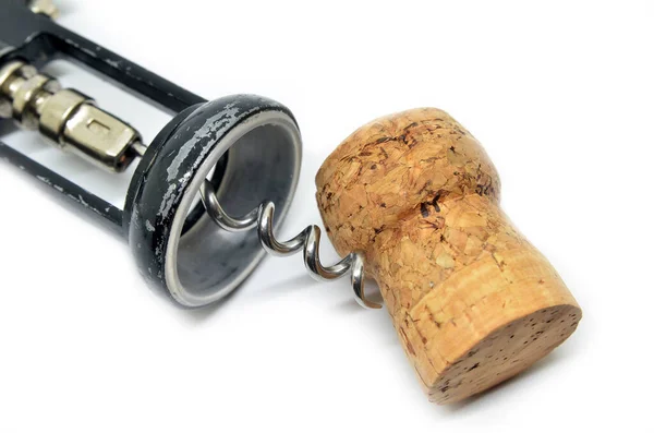 Vintage Wooden Corkscrew Bottle Opener Red Wine Cork Isolated White — Zdjęcie stockowe