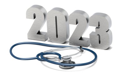 Year 2023 and stethoscope on white background, 3d rendering