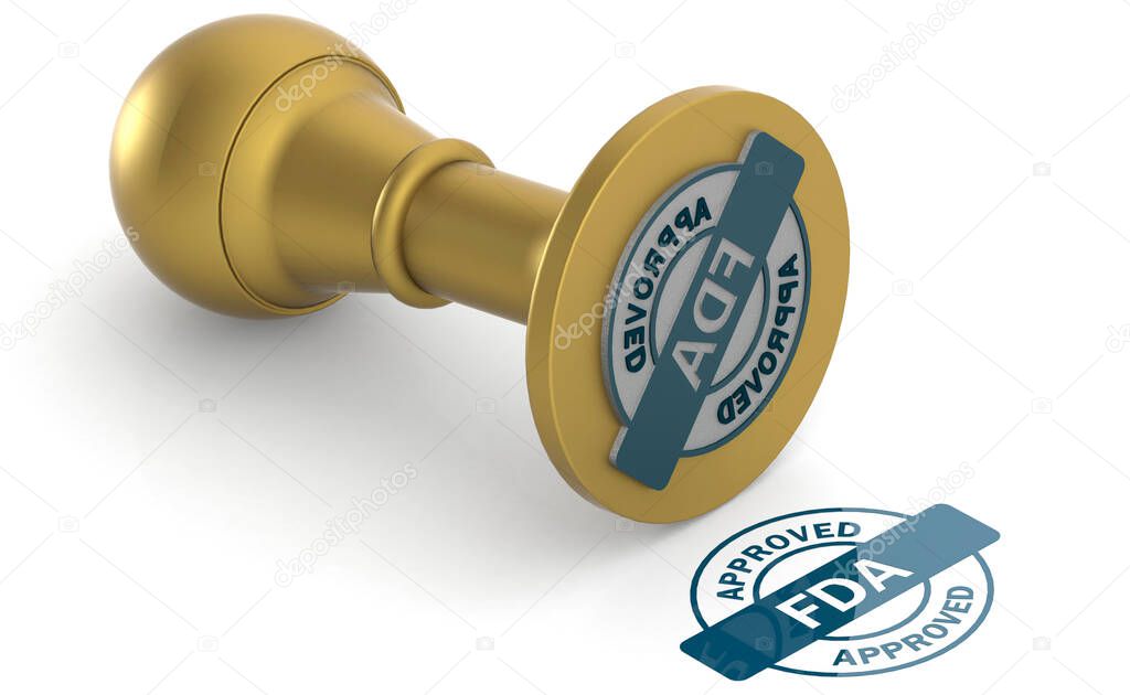 Golden stamp with FDA approved word, 3d rendering