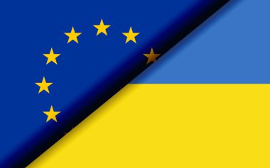 Flags of European Union and Ukraine divided diagonally. 3D rendering