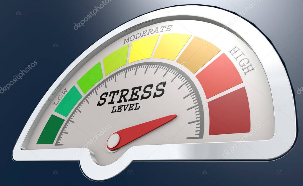 Stress level measuring scale with color indicator, 3d rendering