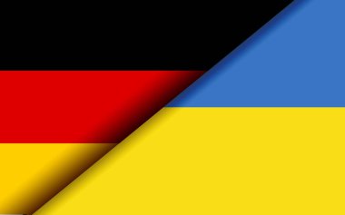 Flags of Germany and Ukraine divided diagonally. 3D rendering