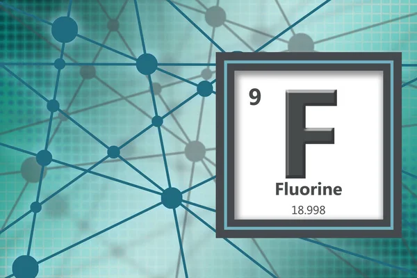Fluorine chemical element with atomic number and atomic weight,  3d rendering