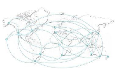World map with destination marker dots, 3d renderin