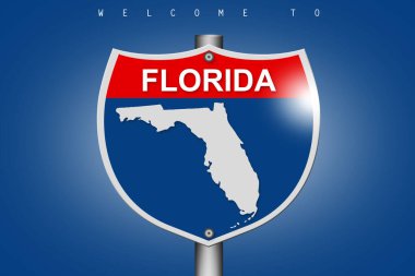 Map of Florida on highway road sign over blue background, 3d rendering 