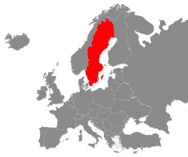 Map of Sweden highligted with red in Europe map. 3d rendering