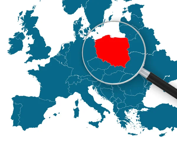 Magnifying glass pointing at Poland map. 3d rendering