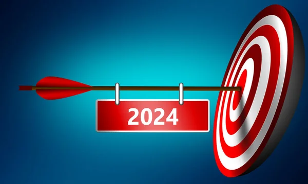 Objetivo Ano 2024 Banner Pendurar Seta Bateu Olho Touro Renderização — Fotografia de Stock