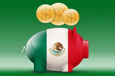 Meksika bayrağı ve altın sikkeli domuz kumbarası, 3 boyutlu.