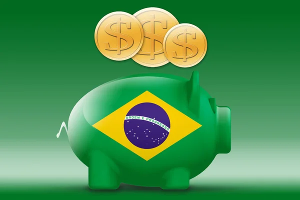 Piggy Bank Flagą Brazylii Złotą Monetą Renderowanie — Zdjęcie stockowe