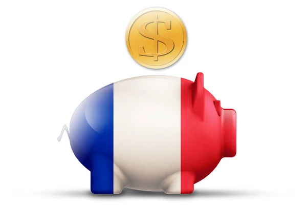 Piggy Bank France Flag Gold Coin Rendering — 스톡 사진