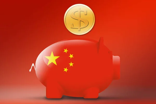 中国国旗と金貨と貯金箱 3Dレンダリング — ストック写真