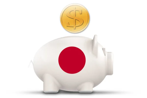 日本の国旗と金貨との貯金箱 3Dレンダリング — ストック写真