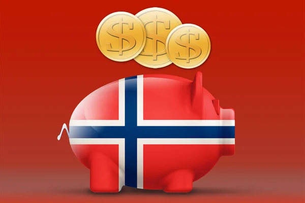 Skarbonka Norweską Flagą Złotą Monetą Renderowanie — Zdjęcie stockowe