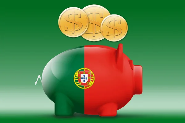 Prasátko Banka Portugalskou Vlajkou Zlatou Mincí Rendering — Stock fotografie