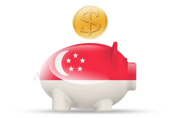 Varkens Bank Met Singapore Vlag Gouden Munt Rendering — Stockfoto