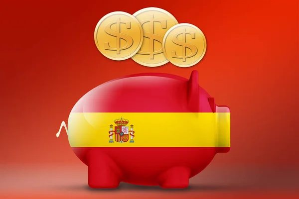 スペインの旗と金貨 3Dレンダリングと貯金箱 — ストック写真