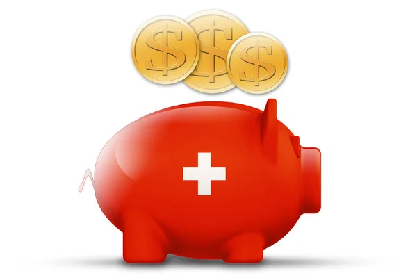 Prasátko Banka Vlajkou Švýcarska Zlatou Mincí Rendering — Stock fotografie