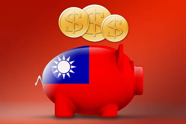 台湾の旗と金貨と貯金箱 3Dレンダリング — ストック写真