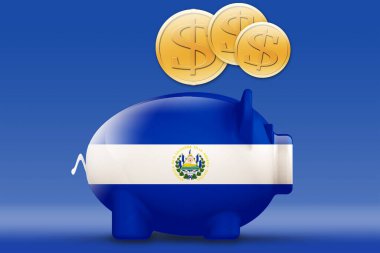 El Salvador bayrağı ve üç boyutlu altın paralı kumbaralı.