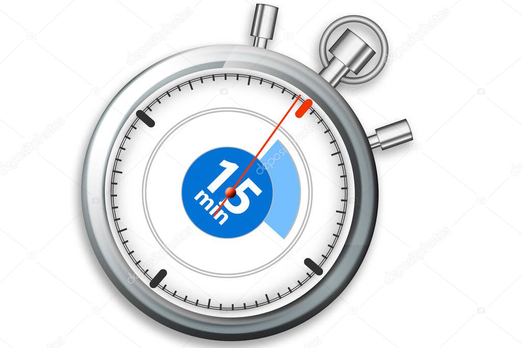 Timer on stopwatch with 15 minutes isolated, 3d rendering