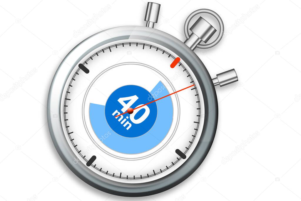 Timer on stopwatch with 40 minutes isolated, 3d rendering