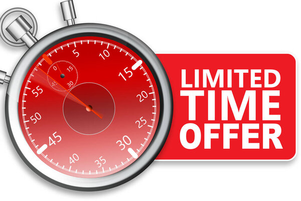 Limited time offer label with stop watch, 3d rendering
