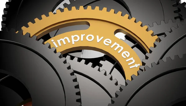 Golden Cogwheel Improvement Text Dark Scene Rendering — Stock Photo, Image