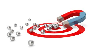 Mıknatıs, izole edilmiş kırmızı metal topları çekiyor