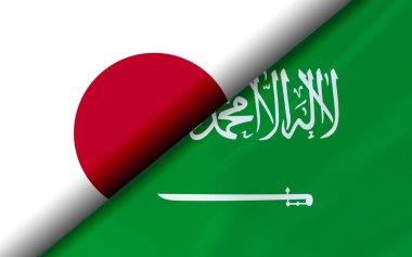 Japonya ve Suudi Arabistan bayrakları çapraz olarak bölündü. 3B görüntüleme