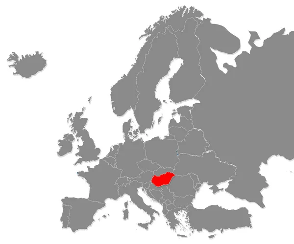 ハンガリー地図はヨーロッパ地図で赤で強調表示されています 3Dレンダリング — ストック写真