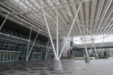 Singapur - 18 Ekim 2022 Singapur EXPO Fuar ve Sergi Merkezi 'nin görüntüsü. Singapur 'un doğusunda ikonik bir dönüm noktası.