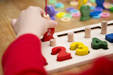 Çocuk farklı renkte ahşap halkalarla oynuyor. Sıralama, iyi motor beceriler, eğitim ve beyin egzersizi için terapi görevi. Matematik oyunu da dahil. Montessori tipi uygulama. Tahta oyuncaklar.