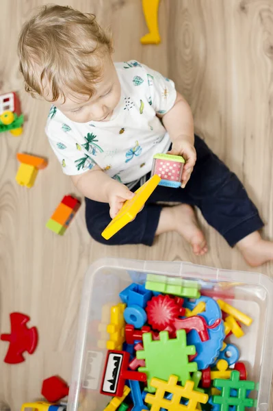 Bebek oyuncaklarla oynuyor. Hangi oyuncağı seçsem? bebek oyuncak kutusu içeriğini kontrol ediyor.