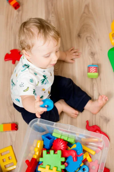 Bebek oyuncaklarla oynuyor. Hangi oyuncağı seçsem? bebek oyuncak kutusu içeriğini kontrol ediyor.