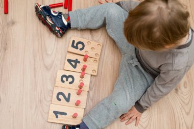 Montessori metodolojisinin ahşap figürleri. Matematik çocukları çocuklar için bulmaca sayıyor. Geliştirilmesi gereken bilgisayar oyunları eğitimi. Zeki bir çocuk matematik oyuncağı. Sayı oyunu tahtası.