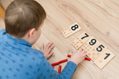 Montessori metodolojisinin ahşap figürleri. Matematik çocukları çocuklar için bulmaca sayıyor. Geliştirilmesi gereken bilgisayar oyunları eğitimi. Zeki bir çocuk matematik oyuncağı. Sayı oyunu tahtası.
