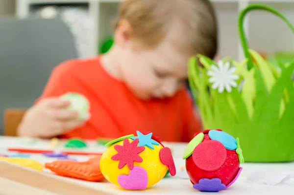 Happy Easter Years Boy Painting Easter Eggs Religious Holiday Early — Stock Photo, Image