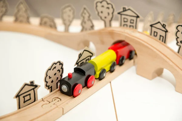 Holzbahn Mit Dampfzug Kinder Spielen Auf Holzboden Thema Kinderzimmer Symbolisch — Stockfoto