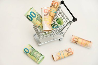 Dükkanda para harcamak. İçinde Euro banknotları olan küçük bir alışveriş arabası. Finans, satış, tasarruf, yatırım. Para yönetimi. Pazarlama kavramı.