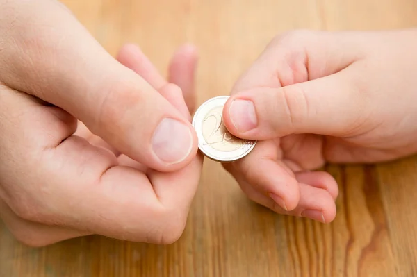 Adult Giving Coin Child Saving Money Concept Children Financial Education — Photo