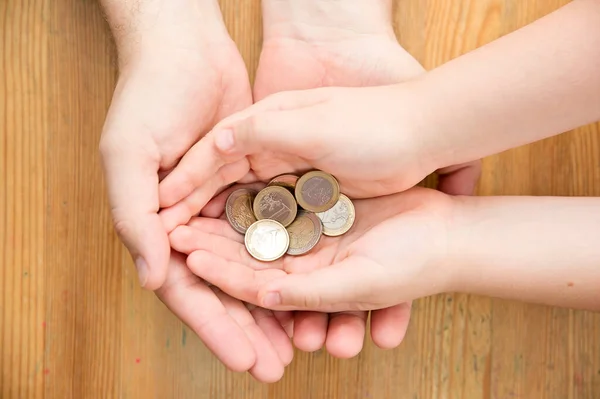 Adult Giving Coin Child Saving Money Concept Children Financial Education — Fotografia de Stock