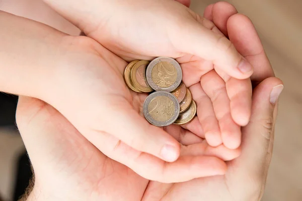 Adult Giving Coin Child Saving Money Concept Children Financial Education — Photo