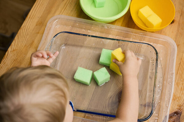 little boy making his first task. brain exercise - select the right color sponges to relevant bowls.