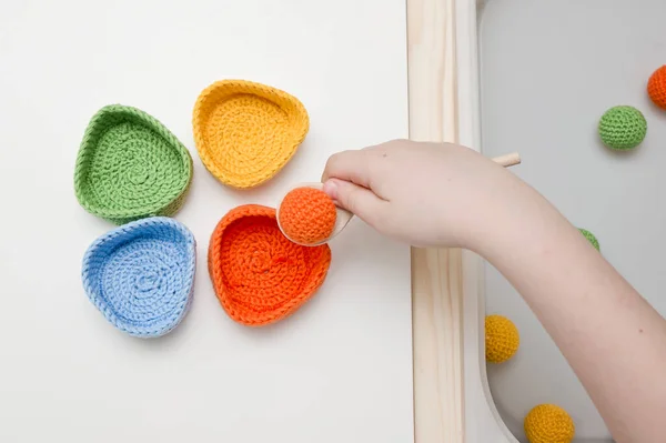 Crochet Safe Toys Gift Idea Babies Easter Colored Ball Sorting — Stock Photo, Image