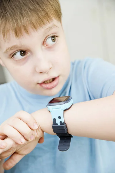 Boy Smart Watch Children Modern Technology Player Hand — стокове фото